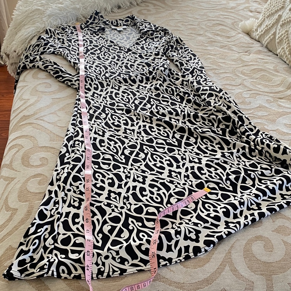 Talbots Petite 8 Black White Wrap Dress Moroccan Print Stretch Rayon - Picture 9 of 11